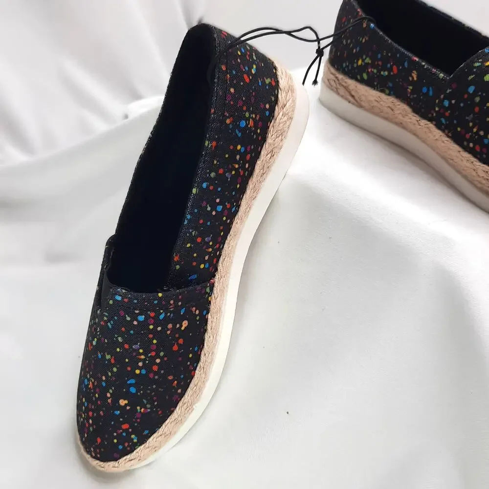 Esprit Ellery Flats Black Canvas Paint Splatter Espadrille Slip On Jute Sz 6 New